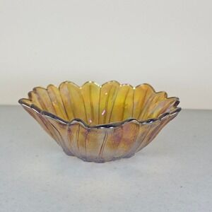 Vintage Amber Indiana Carnival Glass Iridescent Daisy Sunflower Bowl Candy Dish